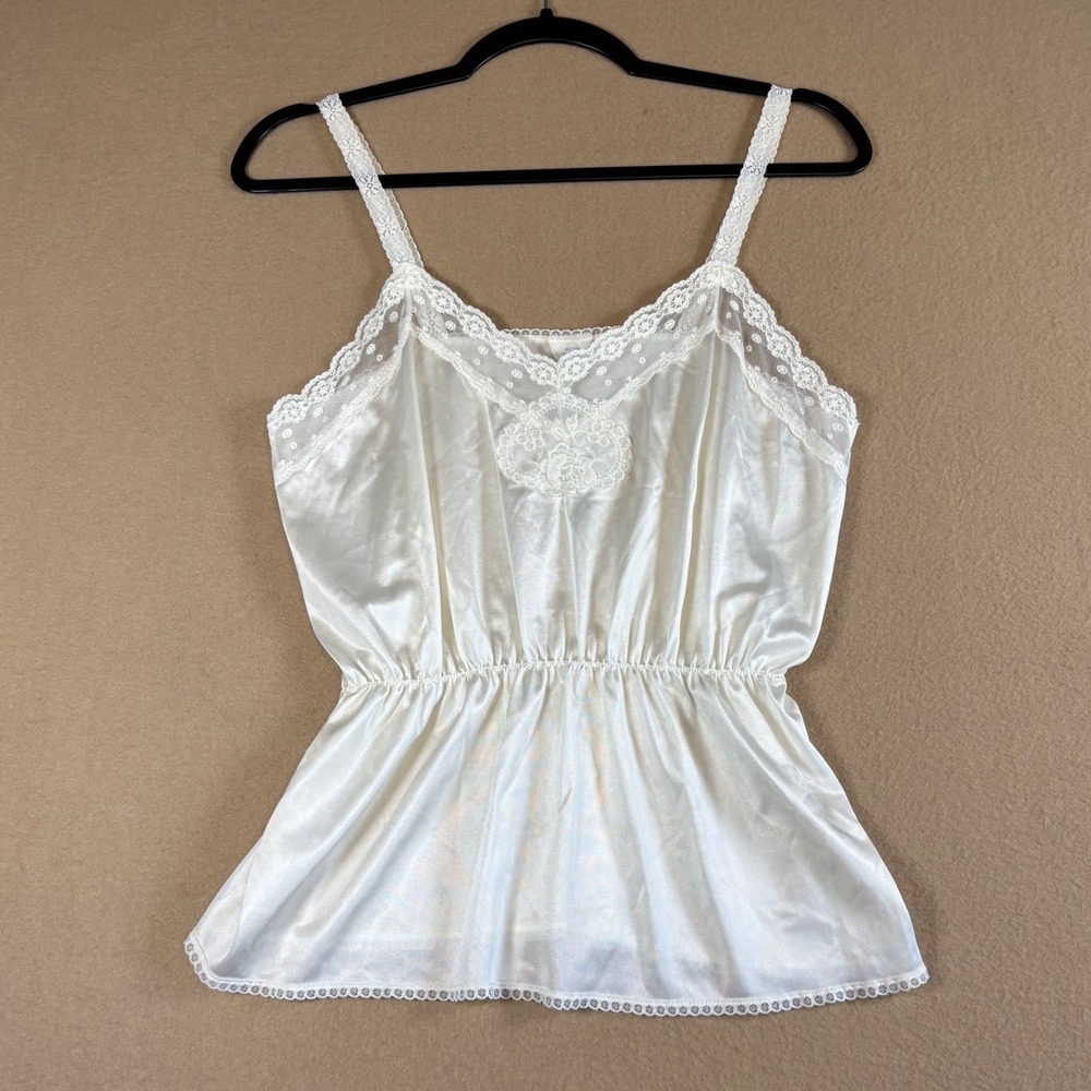 Vintage Ivory Lace Trim Camisole Antron III Peplum Waist Cami Top Large USA